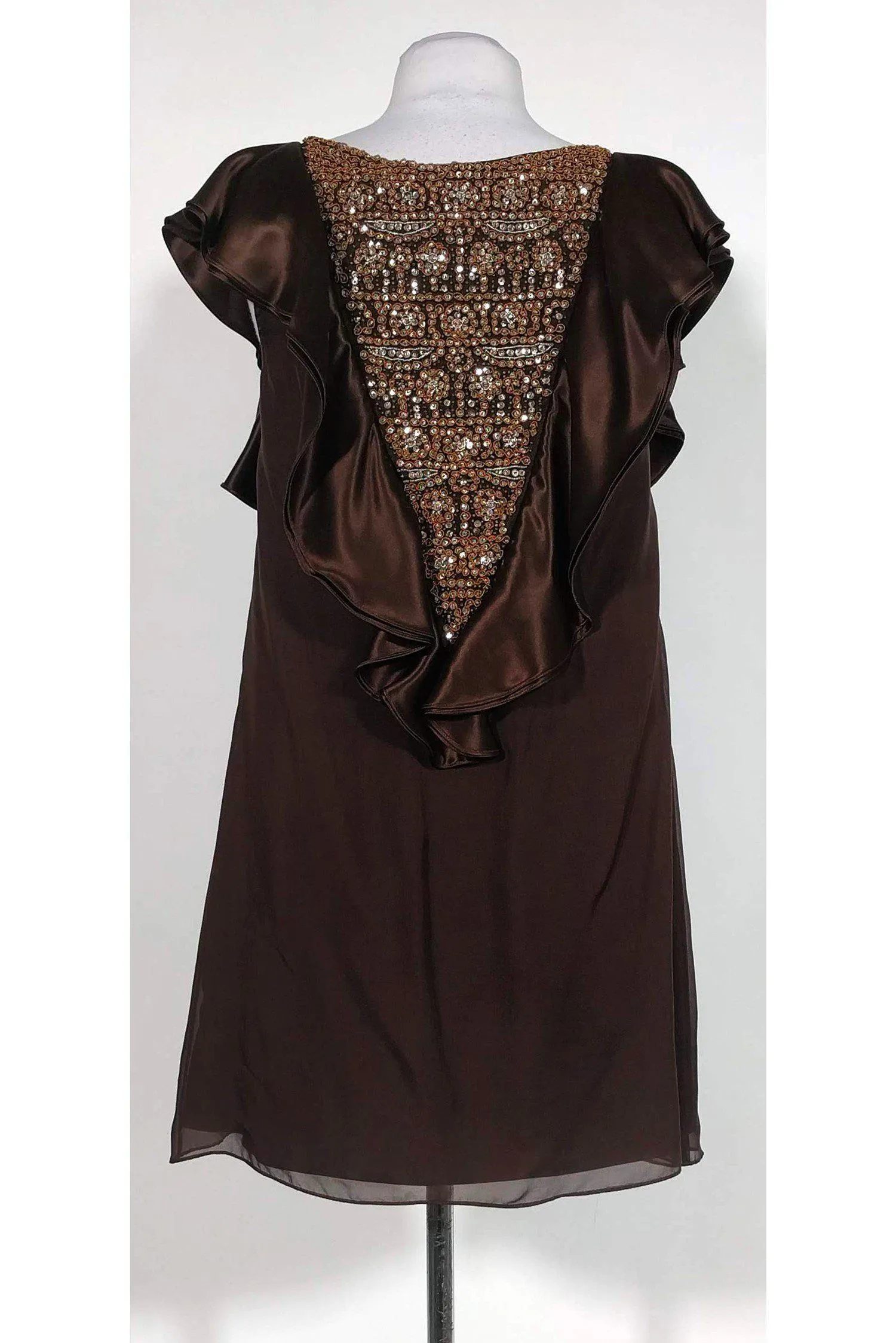 Alice & Olivia - Brown Silk Beaded Ruffle Shift Dress Sz S