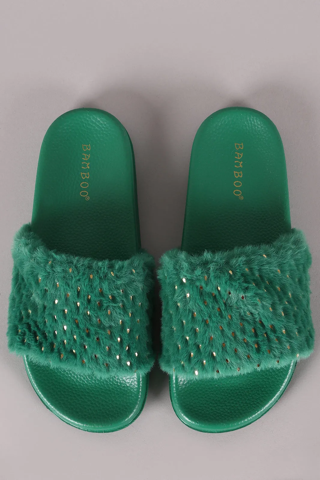 Bamboo Metallic Accent Faux Fur Slide Sandal