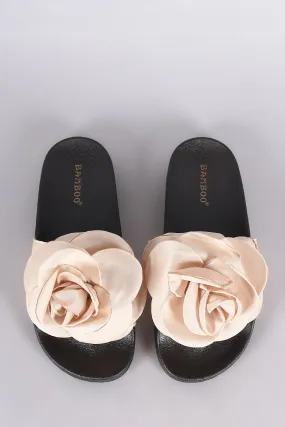 Bamboo Satin Oversized Rosette Applique Slide Sandal