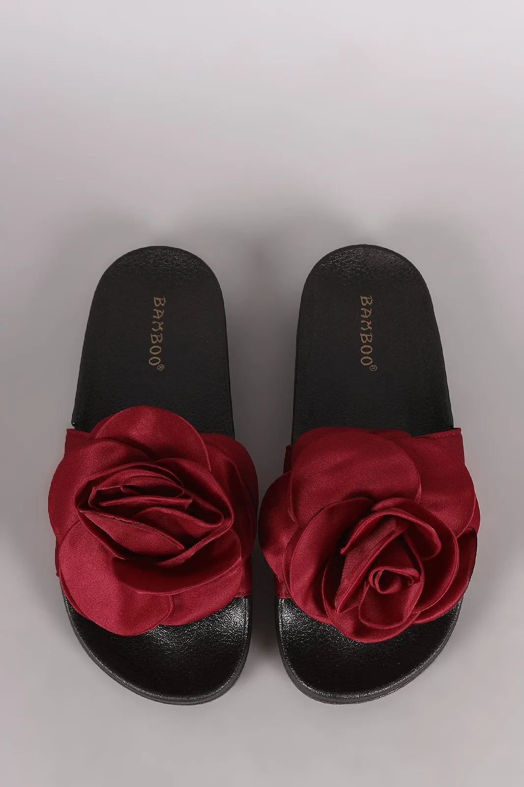 Bamboo Satin Oversized Rosette Applique Slide Sandal