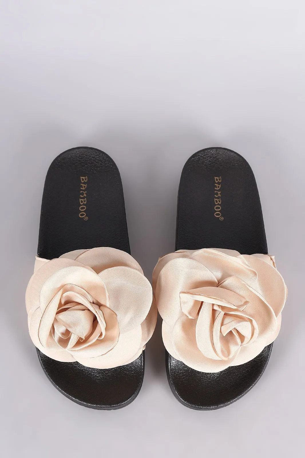 Bamboo Satin Oversized Rosette Applique Slide Sandal