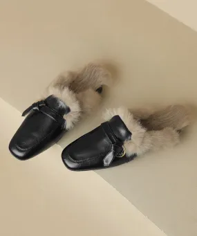 Black Cowhide Leather Comfy Fuzzy Wool Lined Slide Sandals RS014