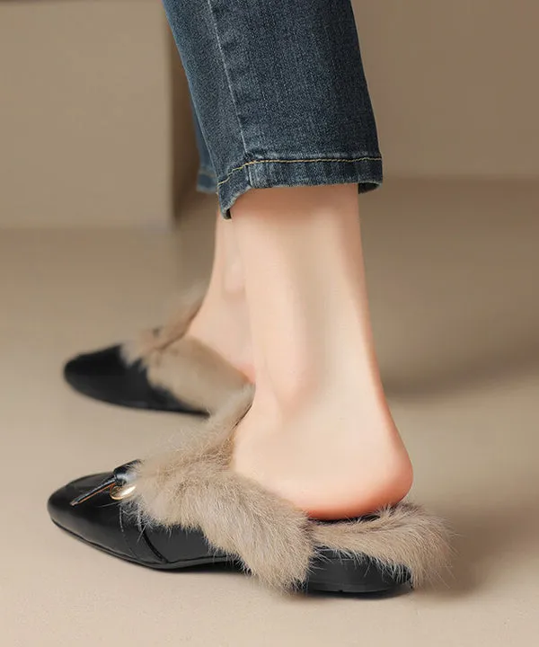 Black Cowhide Leather Comfy Fuzzy Wool Lined Slide Sandals RS014