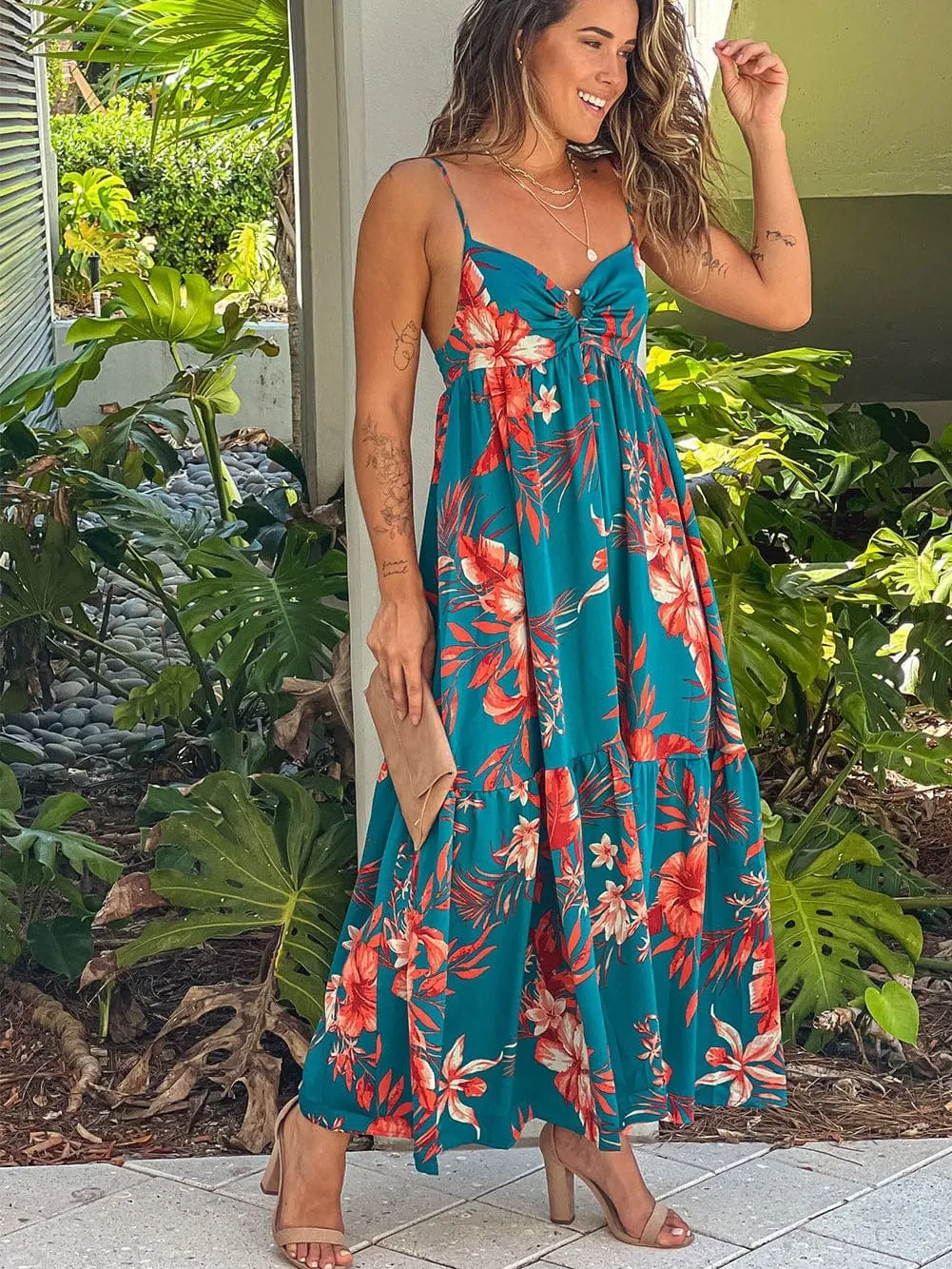 Blue Floral Print Strappy Backless Maxi Dress