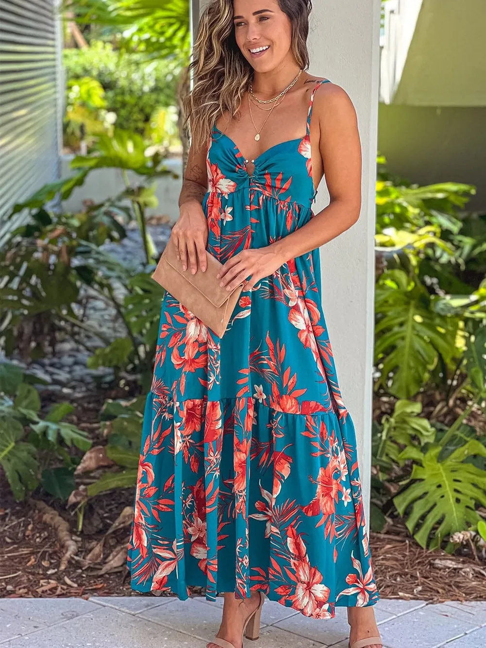 Blue Floral Print Strappy Backless Maxi Dress