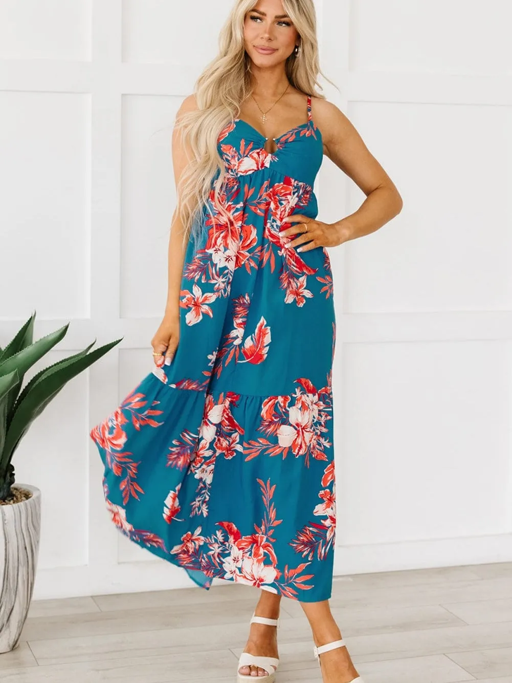 Blue Floral Print Strappy Backless Maxi Dress