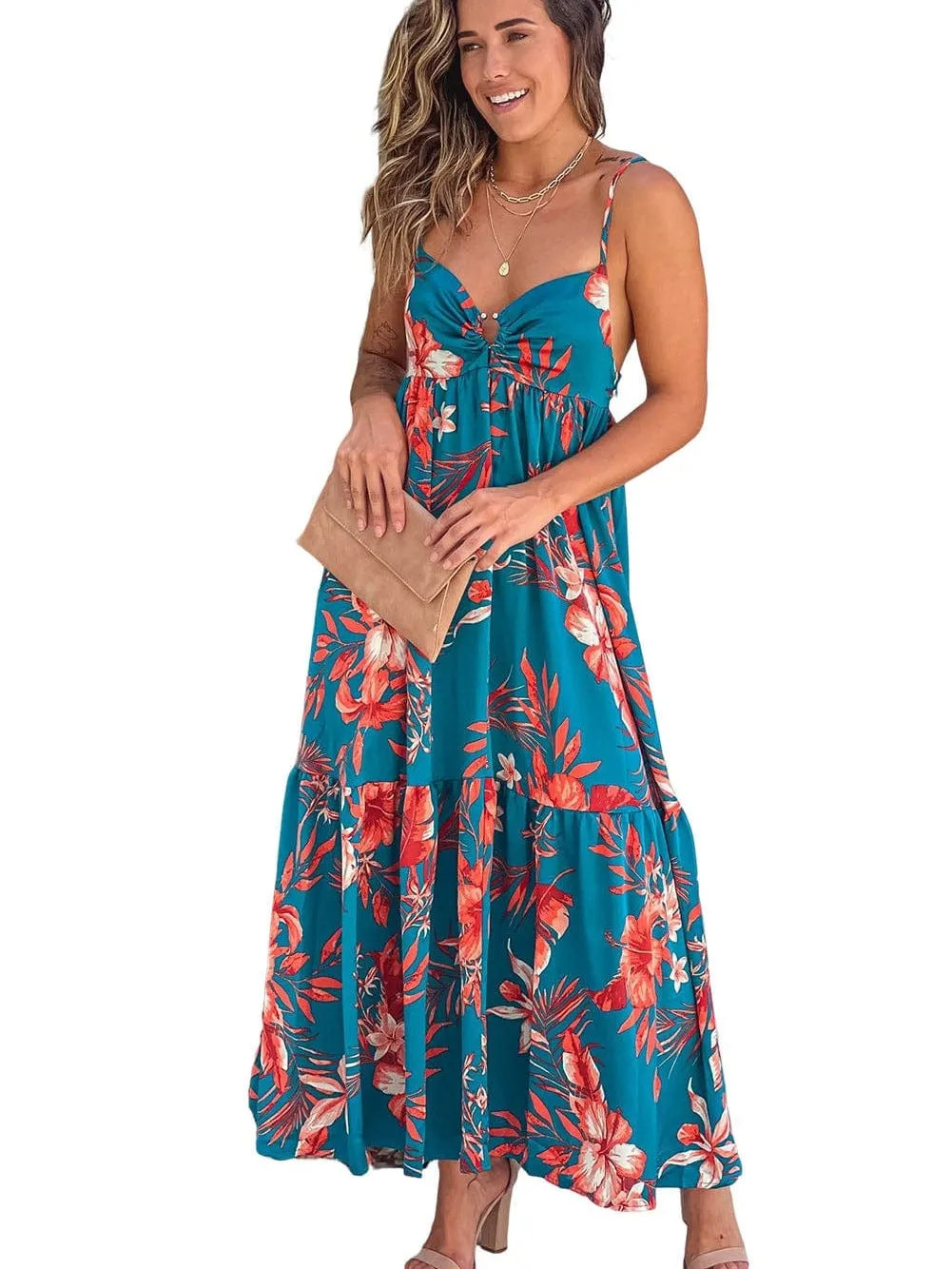 Blue Floral Print Strappy Backless Maxi Dress