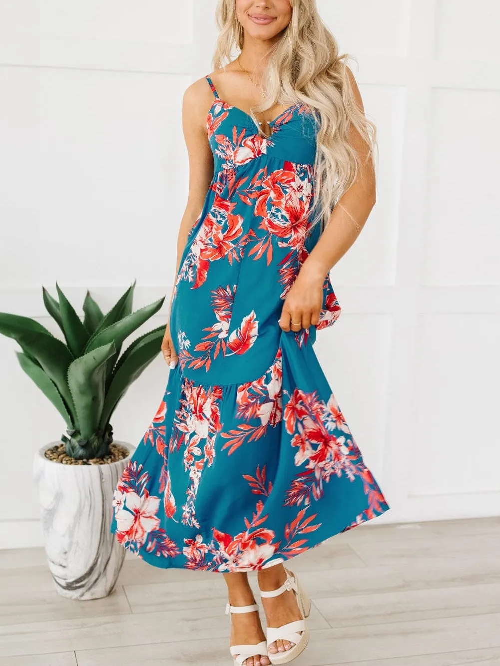 Blue Floral Print Strappy Backless Maxi Dress