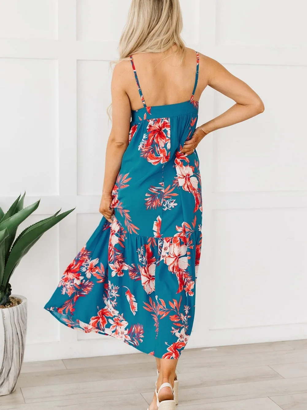 Blue Floral Print Strappy Backless Maxi Dress