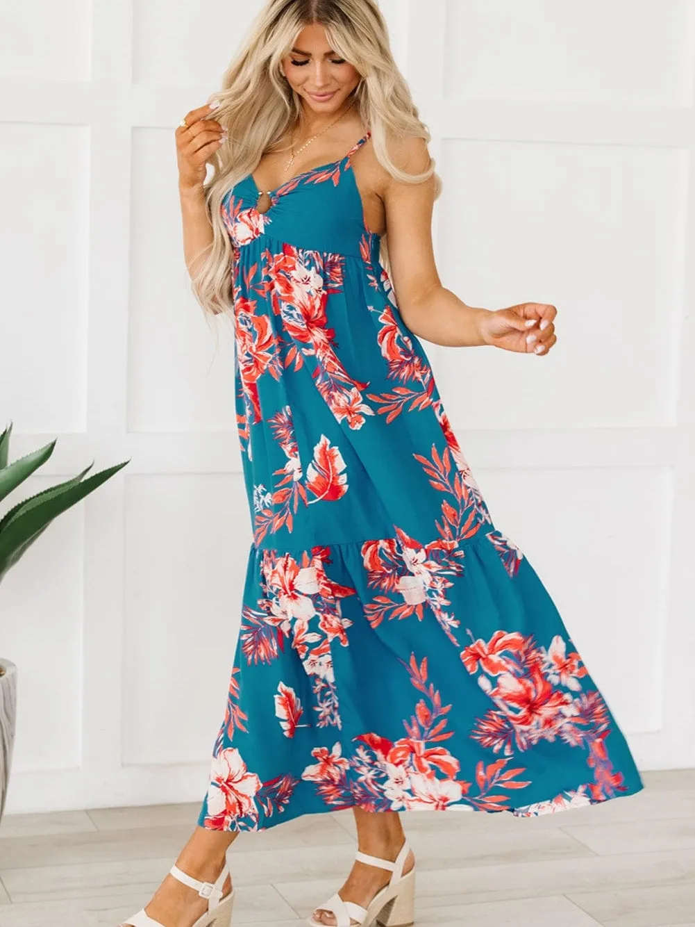 Blue Floral Print Strappy Backless Maxi Dress