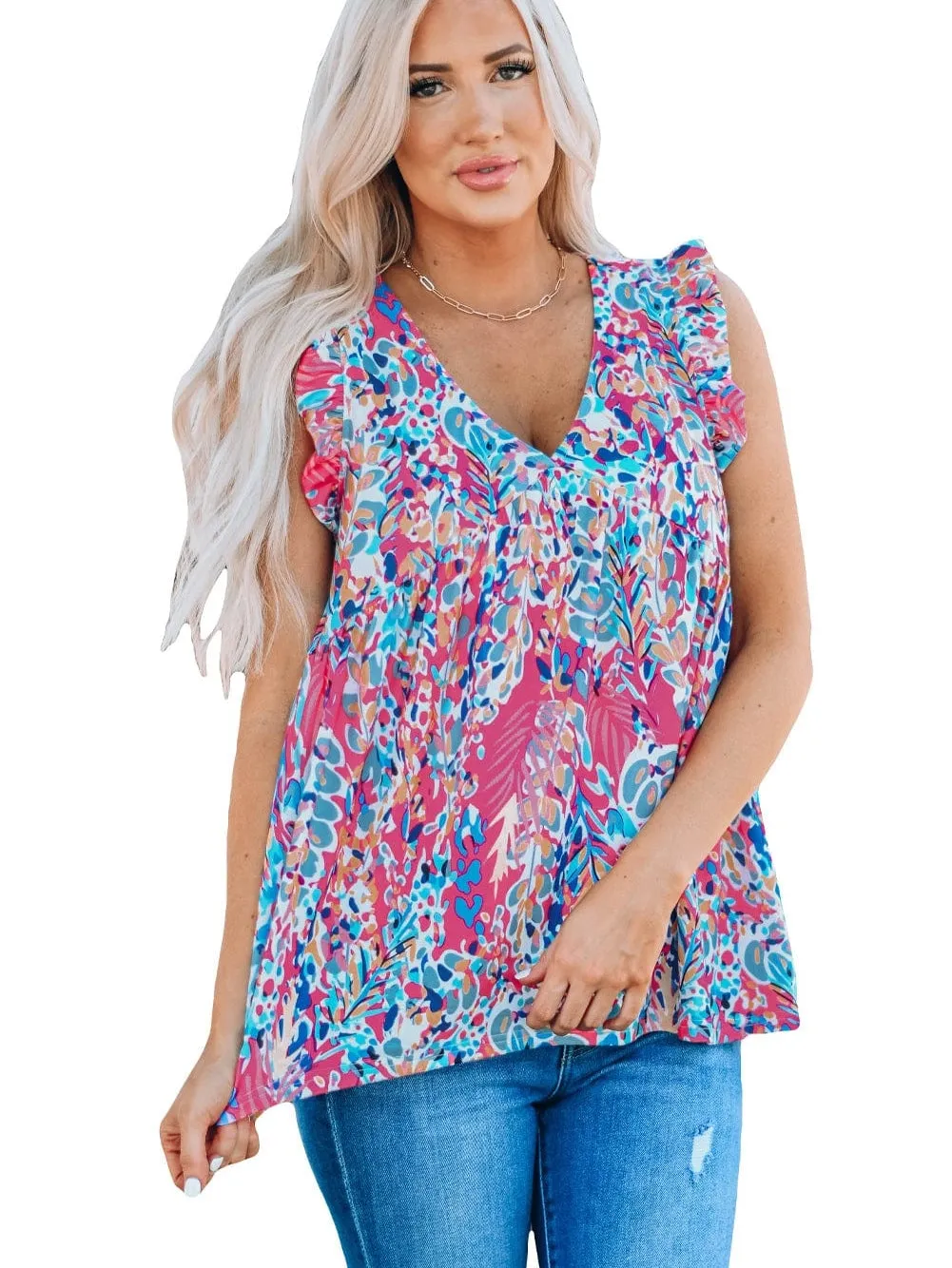 Bohemian Flounce V Neck Tank Top with Plant Pattern