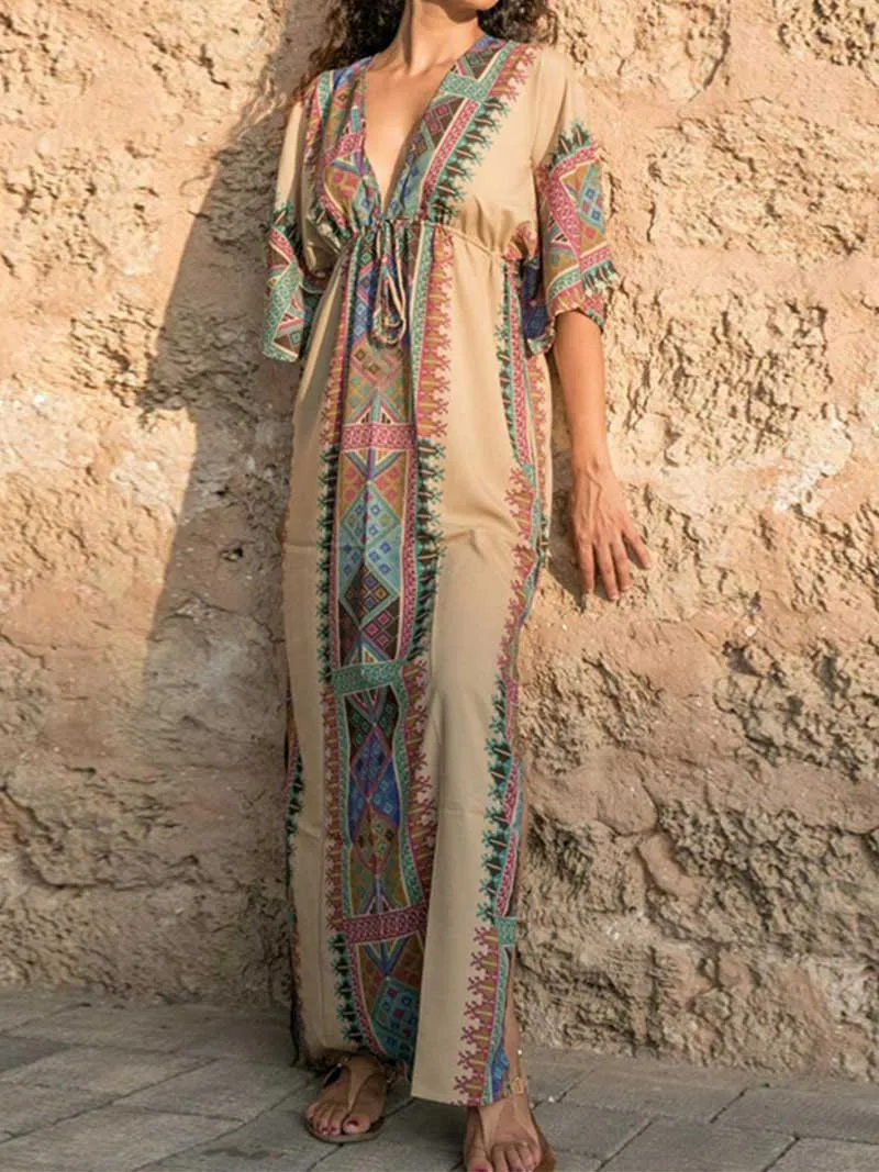 Bohemian Print Cotton Short Sleeves Kaftan Dress