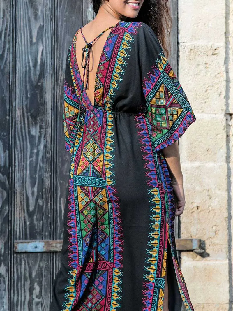 Bohemian Print Cotton Short Sleeves Kaftan Dress