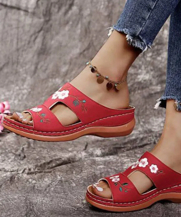 Bohemian Red Embroideried Faux Leather Splicing Wedge Slide Sandals