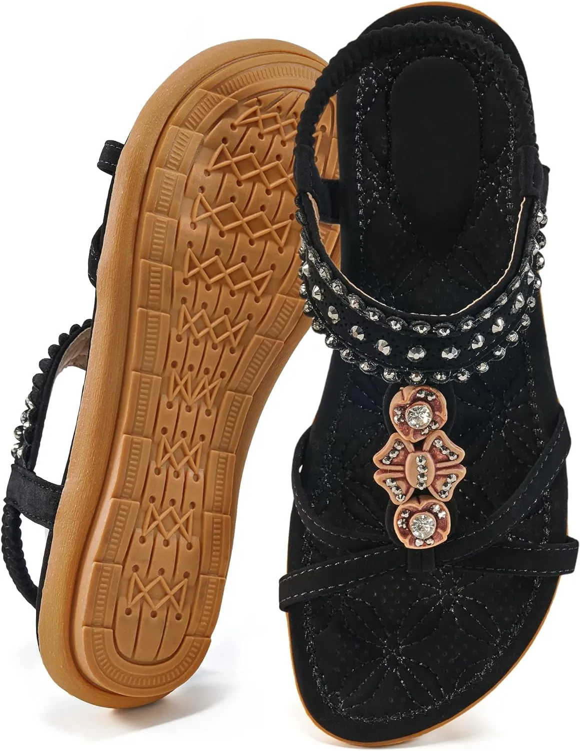 Boho Rhinestone Beaded Black Ankle Strap Sandals