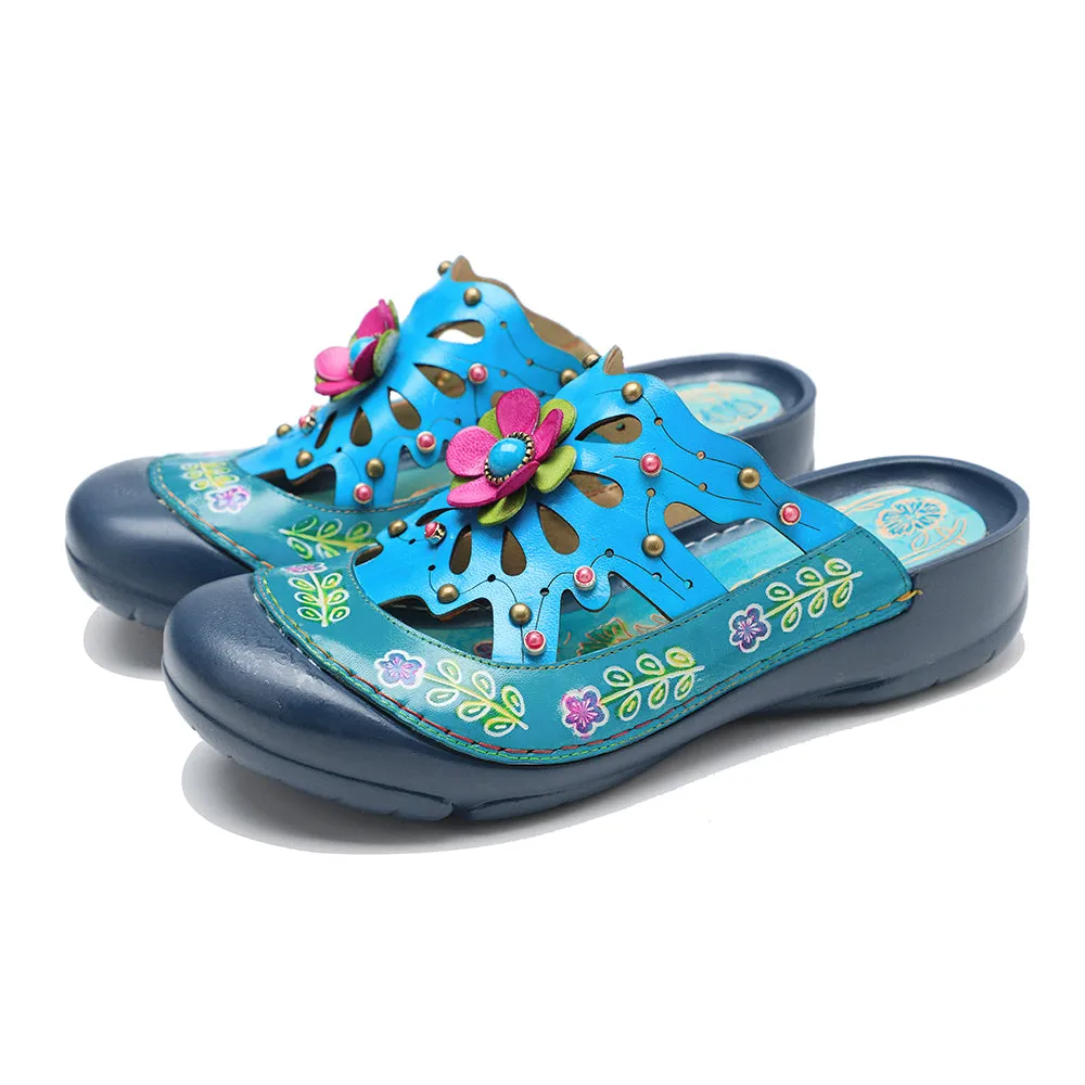 CrazycatZ Leather Clogs,Women Leather Bohemian Colorful Slide Sandal Mules Blue