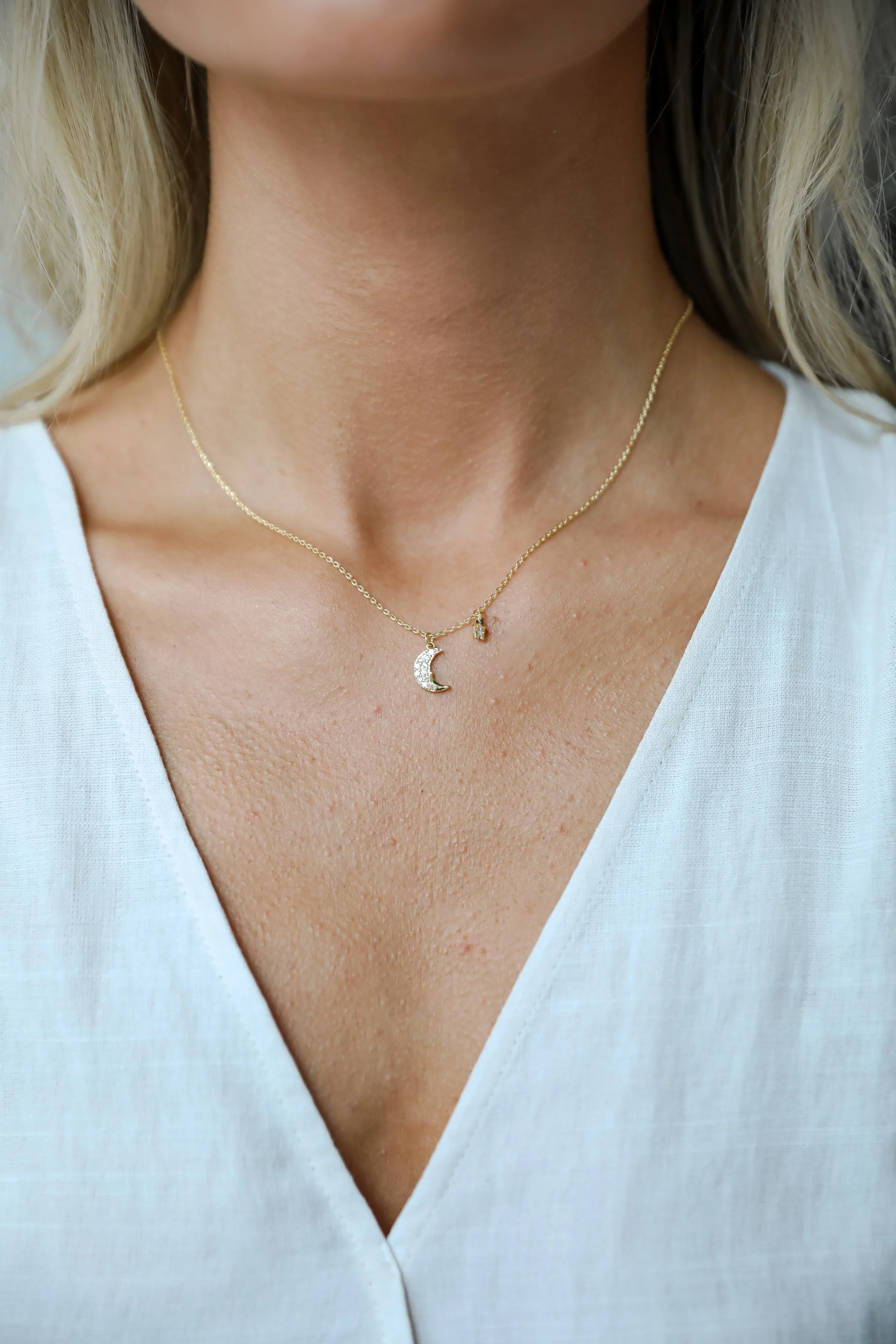 Emilee Gold Rhinestone Crescent Moon Charm Necklace