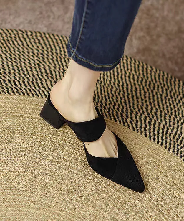 Fashion Black Pointed Toe Chunky Heel Slide Sandals RT1023