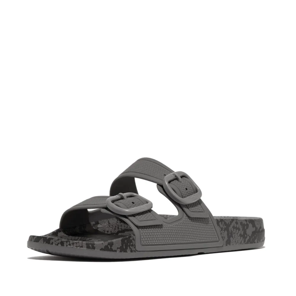 Fitflop iQushion Snake Print Two Bar Buckle Slides Pewter