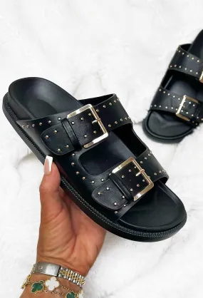 Flirty Girl Black Studded Buckle Flat Sandals