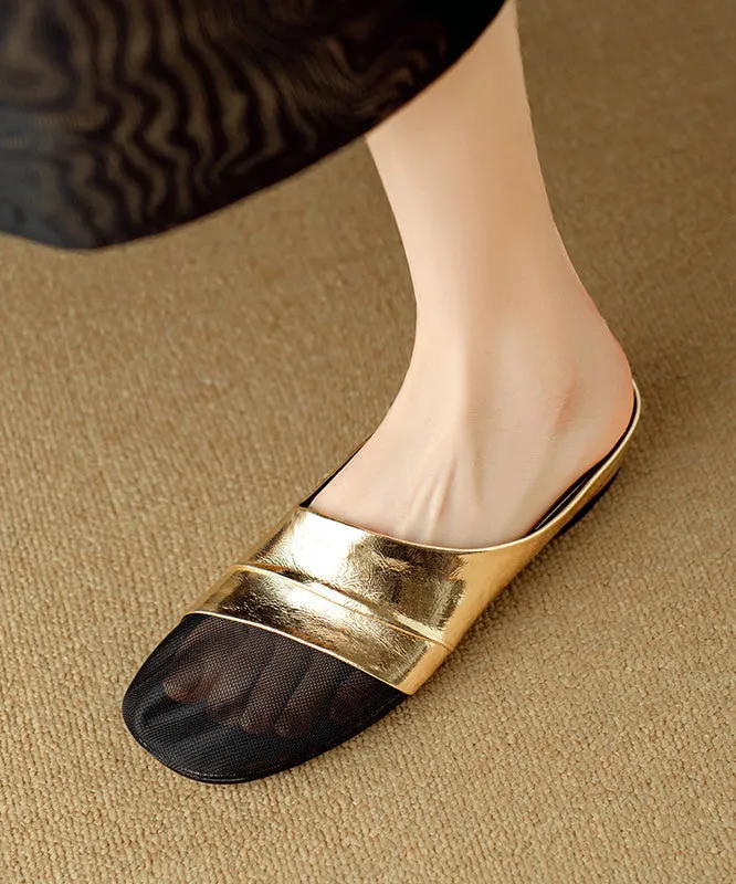 Gold Cowhide Leather Handmade Splicing Tulle Slide Sandals AP1029