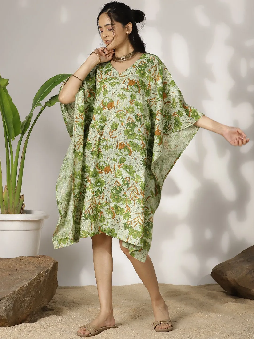 GreenFloral Cotton LongKaftan