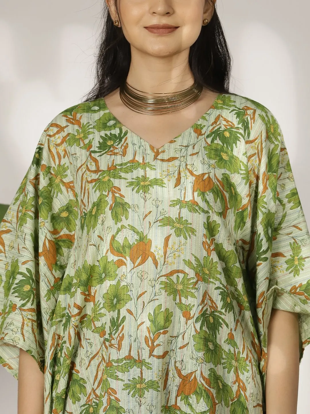 GreenFloral Cotton LongKaftan