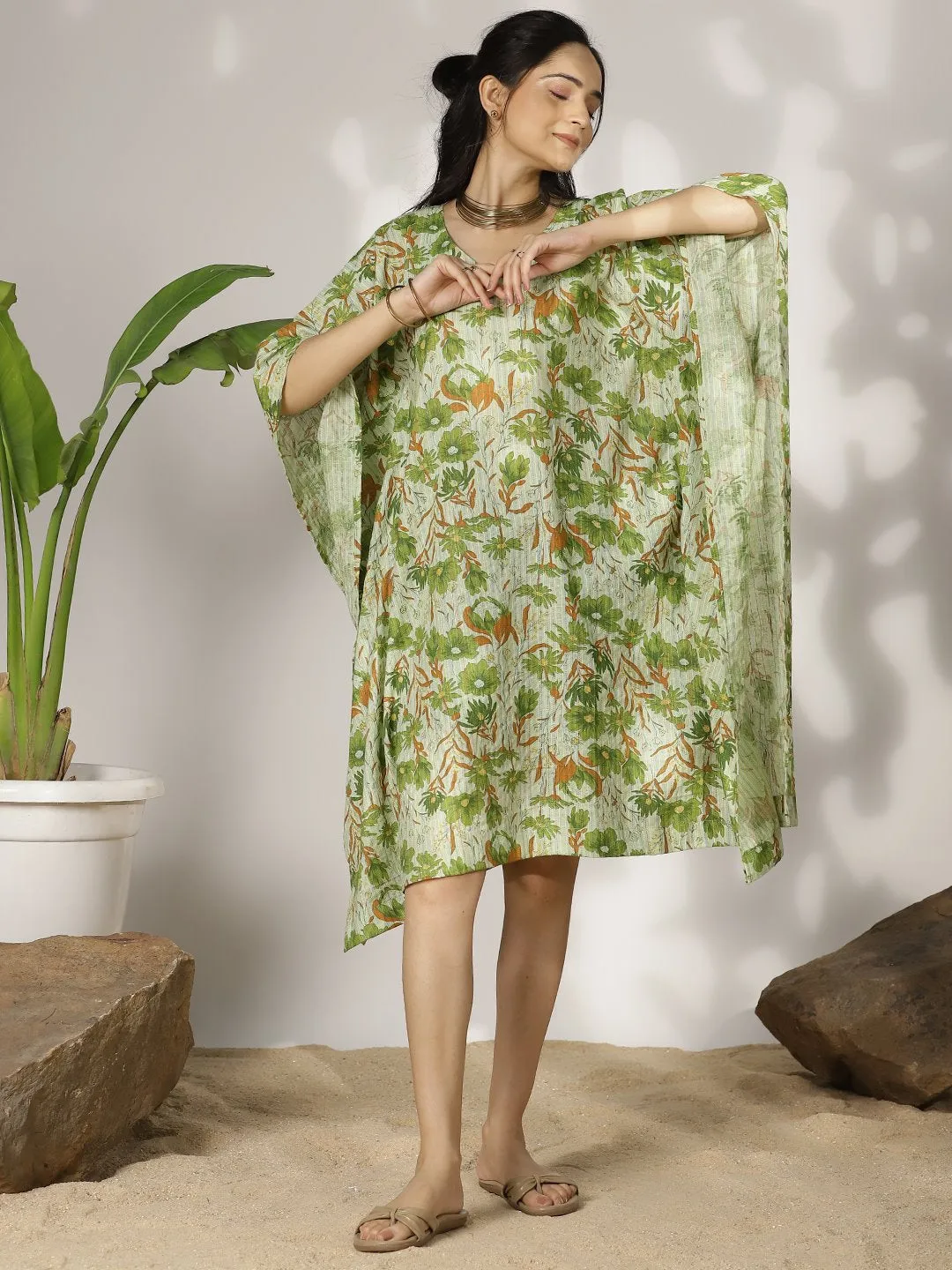 GreenFloral Cotton LongKaftan