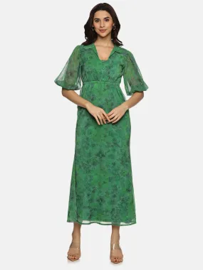 IS.U Floral Green Shirt Collared Maxi Dress