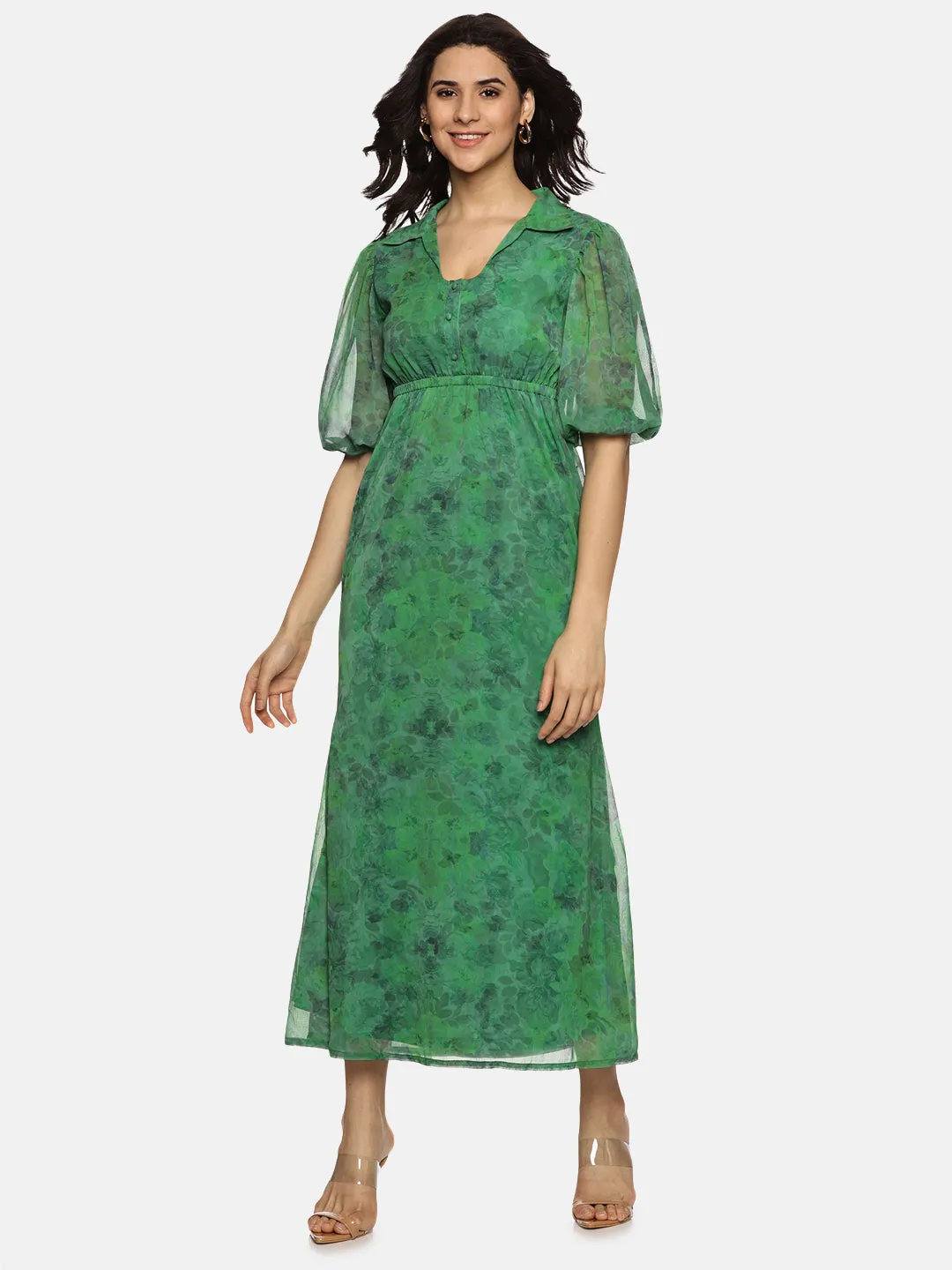 IS.U Floral Green Shirt Collared Maxi Dress