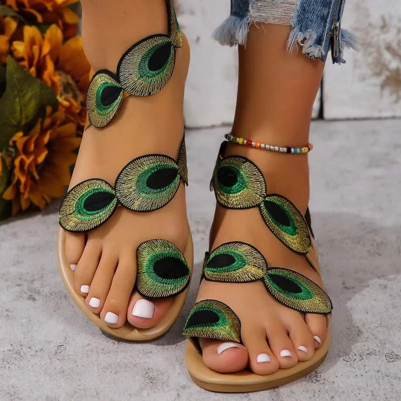 Ladies Beautiful Peacock Pattern Embroidered Summer Sandals