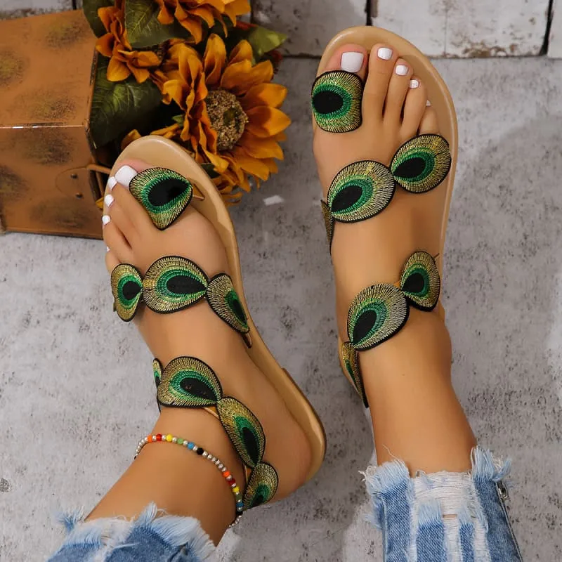 Ladies Beautiful Peacock Pattern Embroidered Summer Sandals