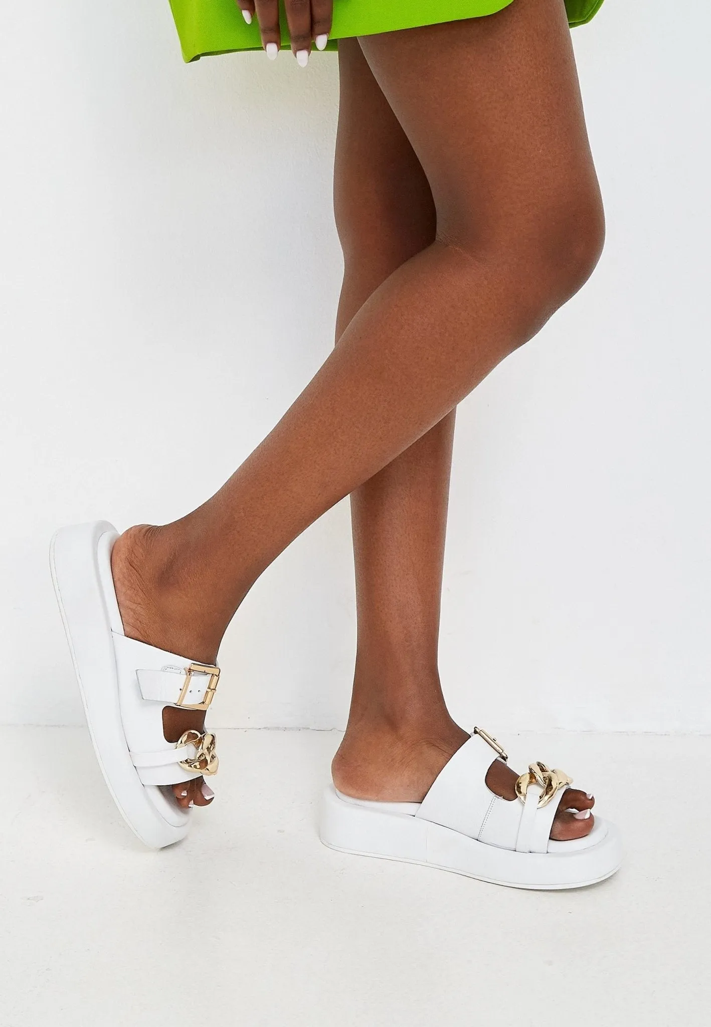 Leather Chain Sandals - White