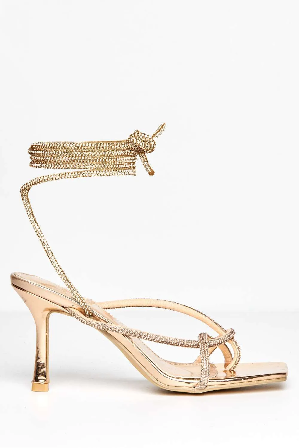 Lenny  Diamante Embellished Square Toe Lace Up Heeled Sandals in Champagne