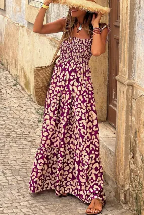 Leopard Ruffle Straps Smocked High Waist Long Dress