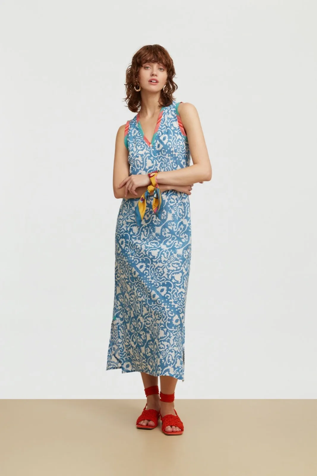 LISA CORTI~Cheack dress with blue damask print