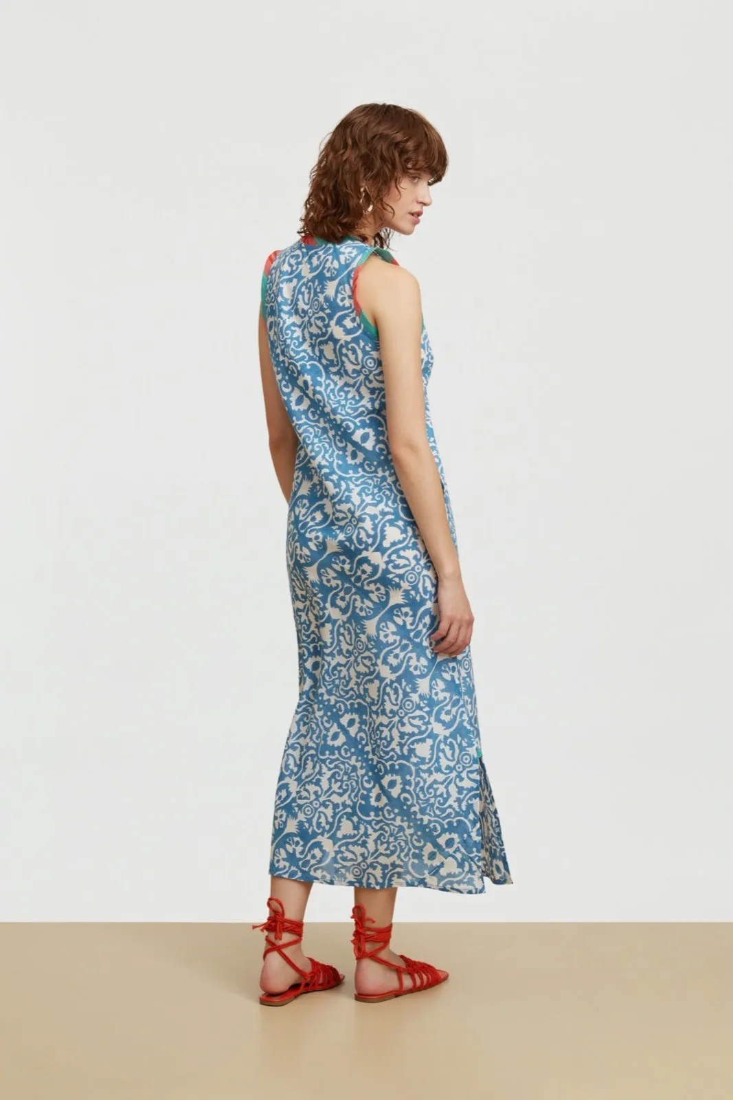 LISA CORTI~Cheack dress with blue damask print