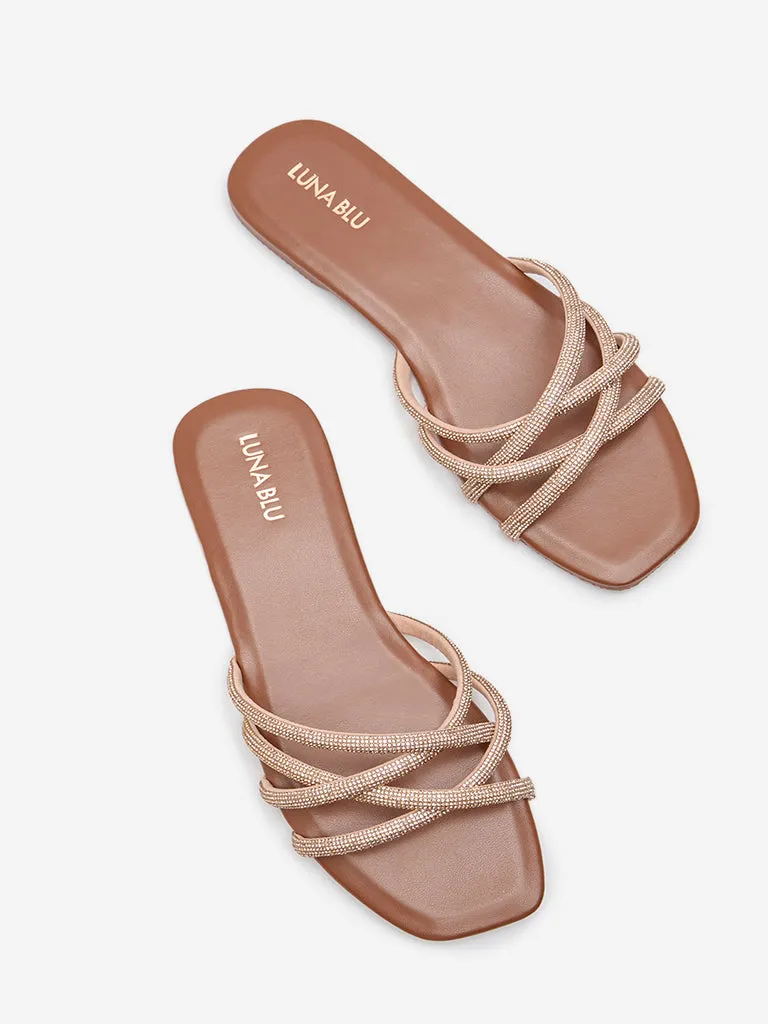 LUNA BLU Tan Diamante Multi-Strap Sandals