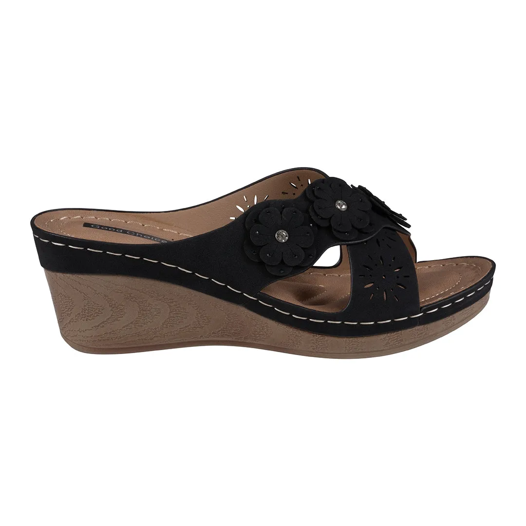 Miller Black Cross Strap Floral Wedge Sandals