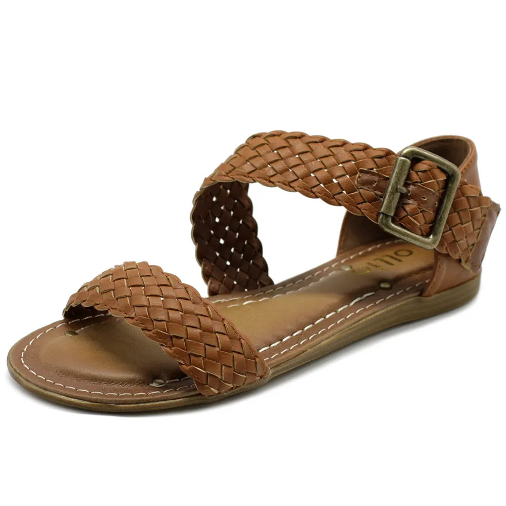 Ollio Women's Shoe Braided Side Buckle Accent Multi Color Flat Sandal