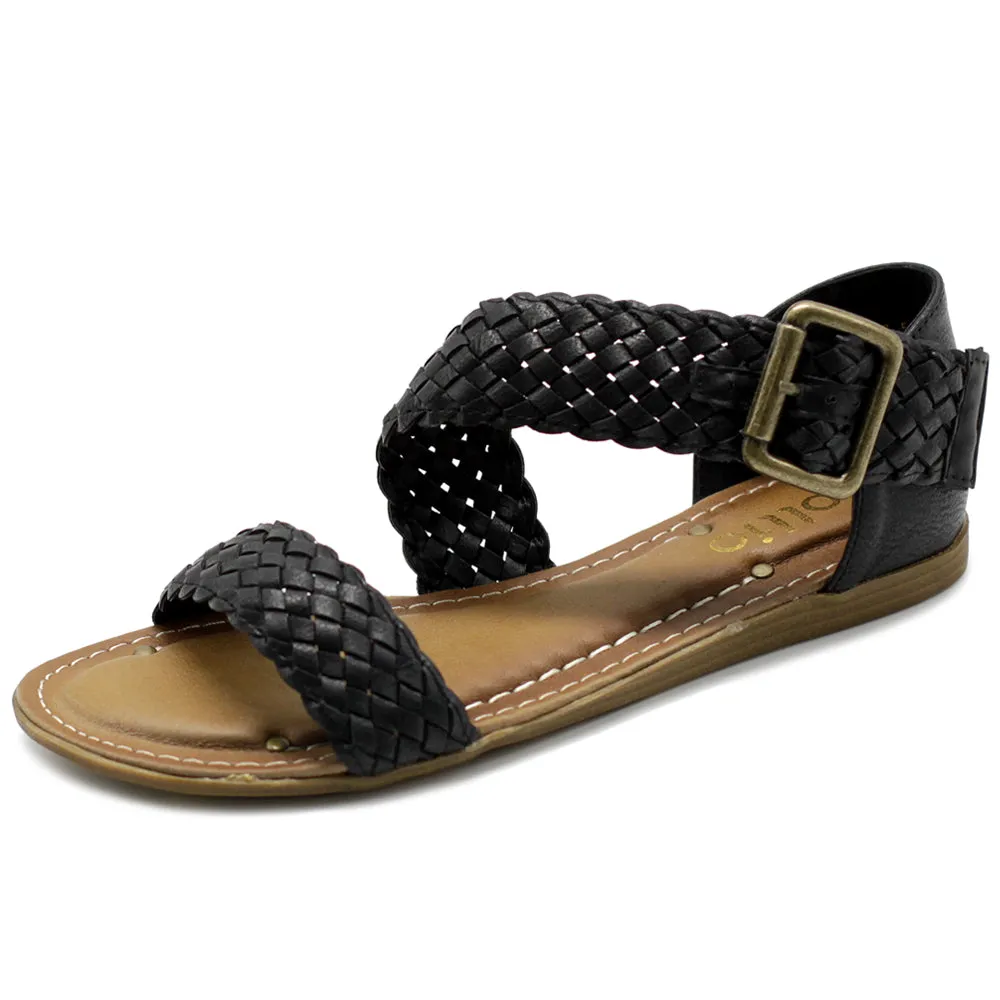 Ollio Women's Shoe Braided Side Buckle Accent Multi Color Flat Sandal