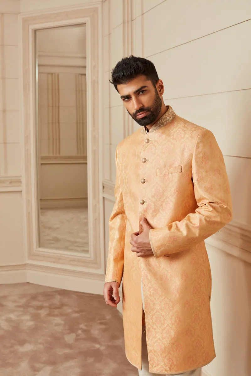 Peach Brocade Achkan With Zardozi Embroidery