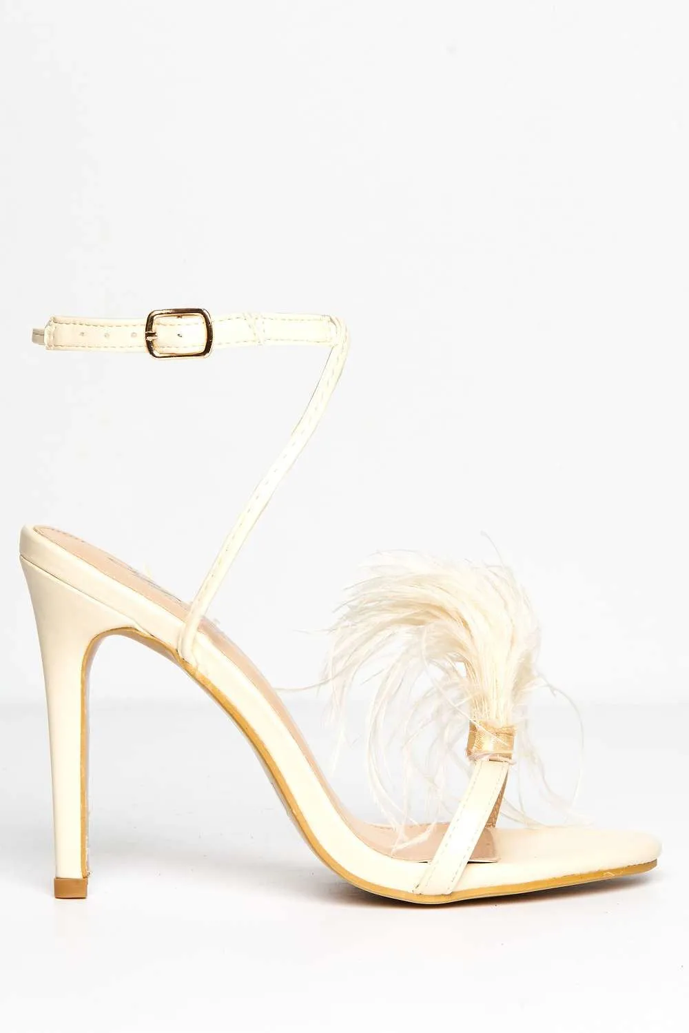 Pera Feather Detail Ankle Strap Heeled Sandals in Beige