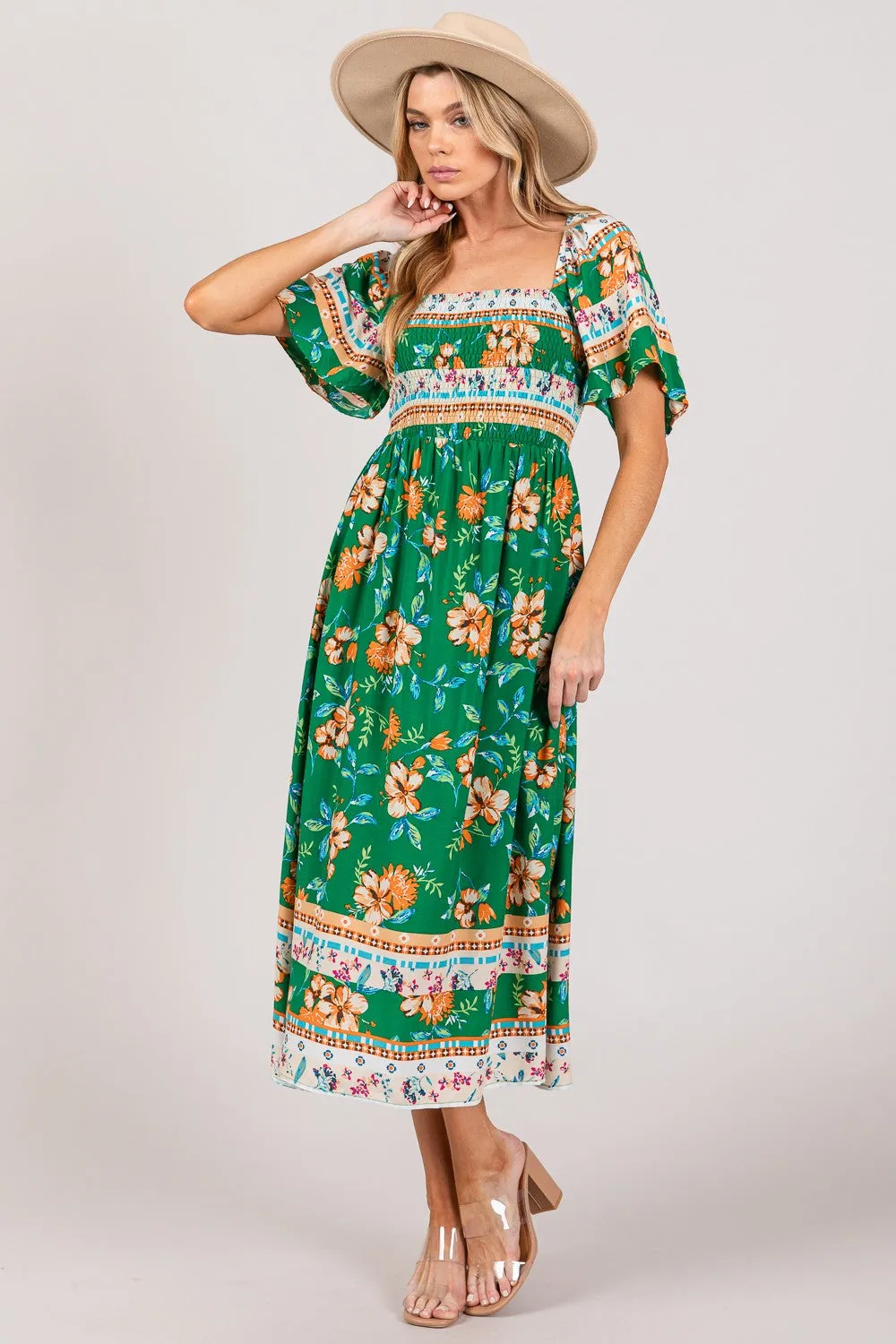 Printed Smocked Short Sleeve Midi Dress