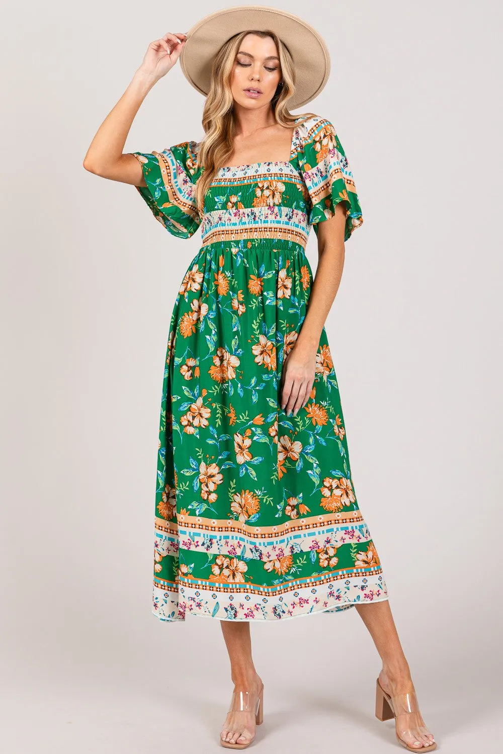 Printed Smocked Short Sleeve Midi Dress