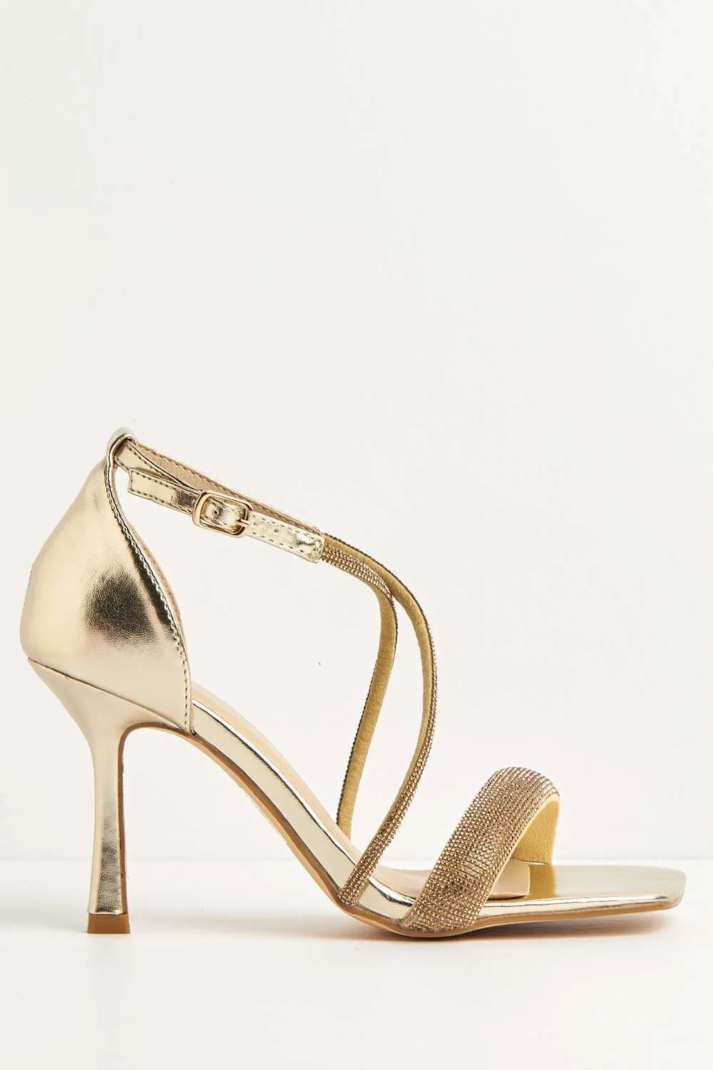 Riana Diamante Embellished Heeled Sandals in Gold