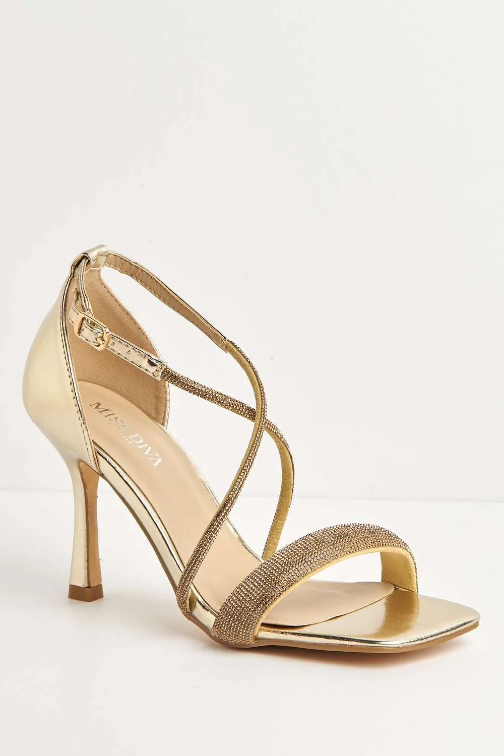 Riana Diamante Embellished Heeled Sandals in Gold