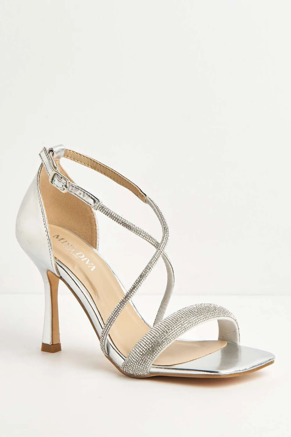 Riana Diamante Embellished Heeled Sandals in Silver