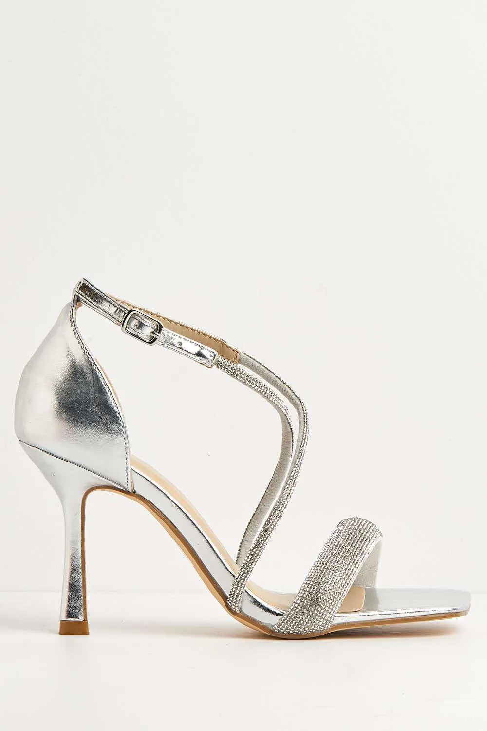 Riana Diamante Embellished Heeled Sandals in Silver