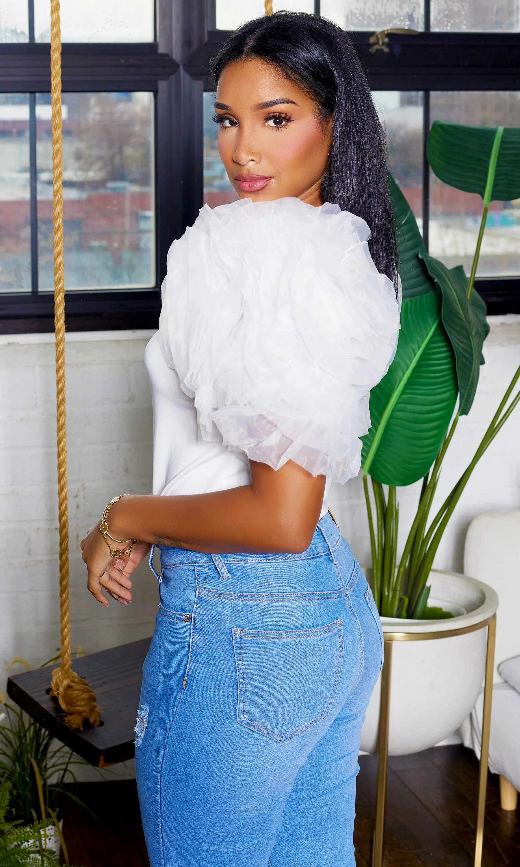 Ruffle Sleeve Tulle Bodysuit - White FINAL SALE